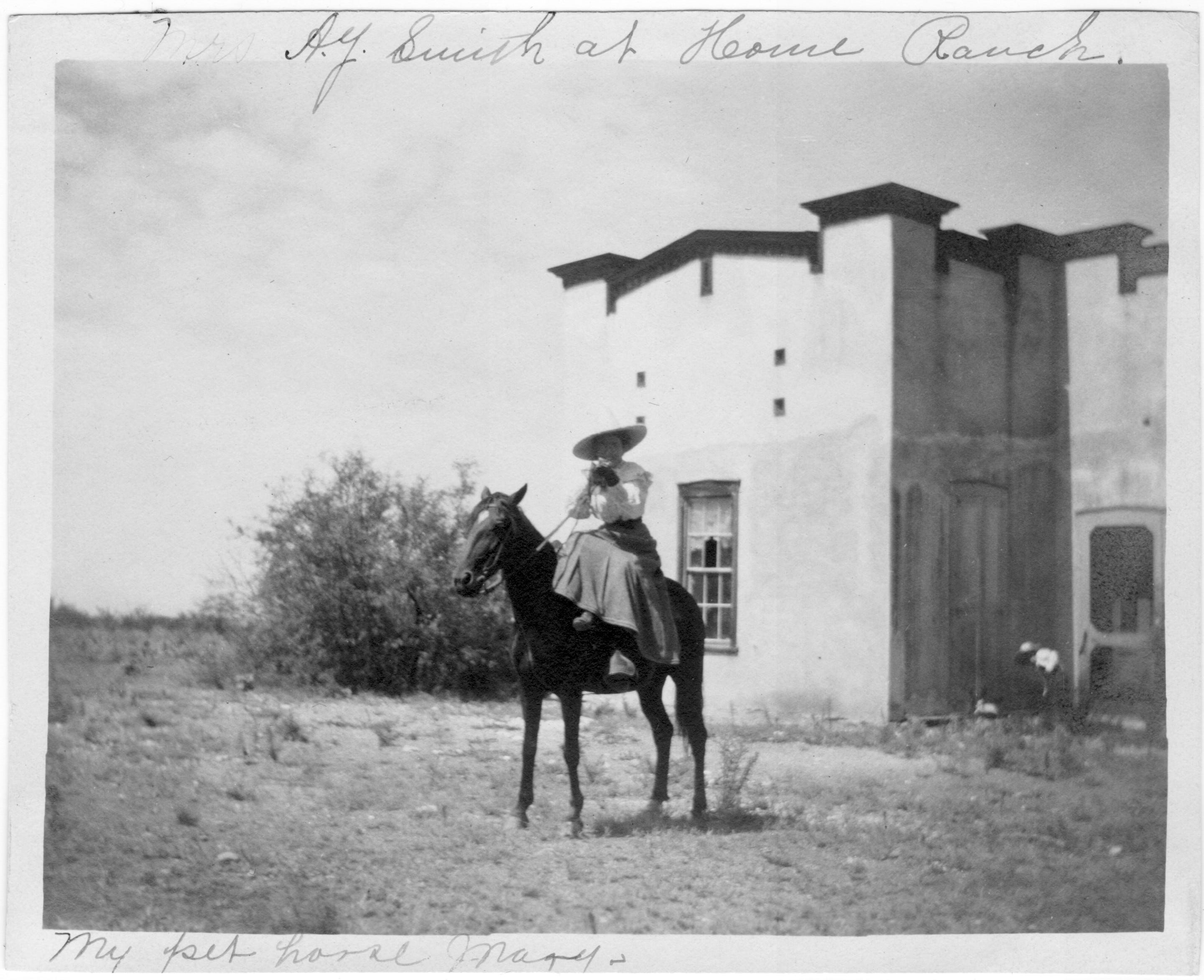 From the papers of Effie Anderson Smith. Inscription by the artist… “Mrs. A.Y. Smith at Home Ranch”. At bottom… “My pet horse Magy”. Effie is riding sidesaddle here. Photo is circa 1902-3 as young son Lewis in the background appears to be 4 or 5 years of age. Lewis Anderson Smith was born August 12, 1898. Collection of the Effie Anderson Smith Museum and Archive.
